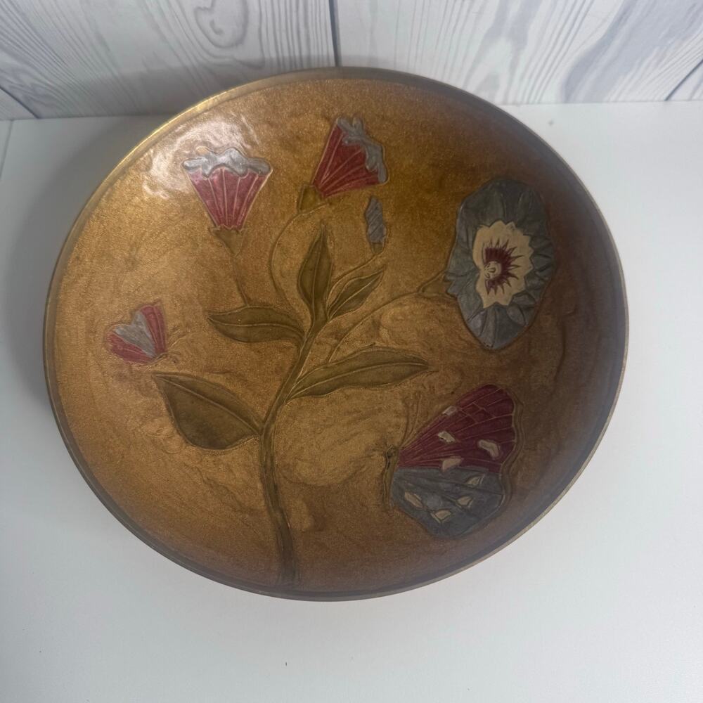 Vintage Brass Decorative Bowl Centerpiece Blue Floral 8”